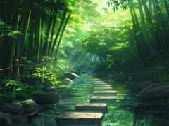 завершение пути в лесу с потоком