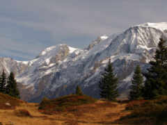 горы со снегом на них и след на переднем плане