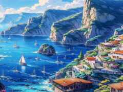 картина с прекрасным видом на залив с лодками и горами