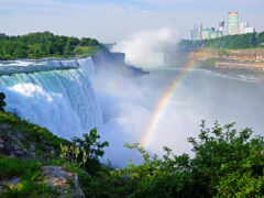 араффе падает с радугой на заднем плане и городом вдалеке