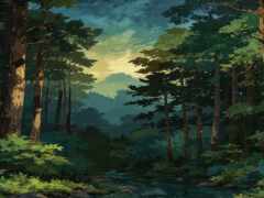 картина лесной сцены с потоком, бегущим через нее