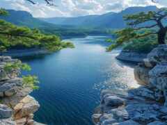 вид на озеро, окруженное горами и деревьями