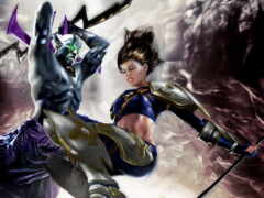 персонажи аниме сражаются мечами в сцене с дымом