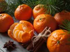есть апельсины и палочки корицы на столе с сосновыми иглами
