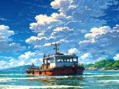 картина лодки в воде с небесным фоном