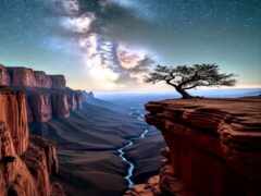 женский вид на каньон с деревом и молоком в небе