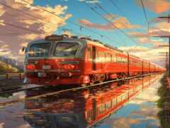 красный поезд, путешествующий по рельсам рядом с рекой