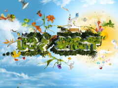 женский образ зеленого слова с кучей разных вещей, летающих вокруг него