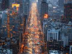 вид на улицу города ночью с дорожным движением