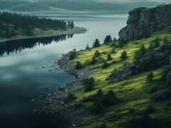 есть река, протекающая через пышную зеленую долину рядом с лесом