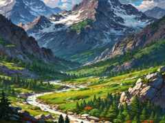 горы с протекающей через них рекой и горой вдали