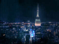 вид на город ночью с очень высоким зданием