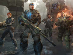 персонажи в разрушенном городе с ружьем и винтовкой