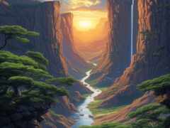 картина реки, протекающей через каньон с водопадом