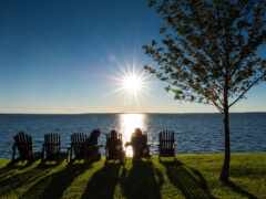 тени людей, сидящих на лужайках возле озера