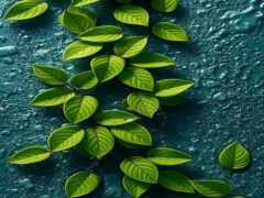 листья на голубой поверхности с каплями воды