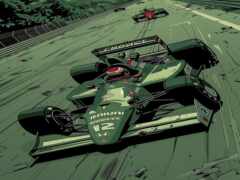 есть зеленый гоночный автомобиль, который едет по трассе