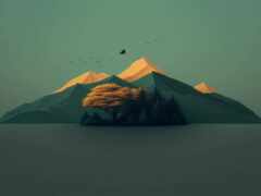 горы с одиноким деревом и летающими над ними птицами