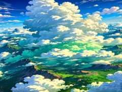 аниме пейзаж с горами и облаками в небе