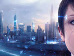 футуристический город с женщиной, уставившейся в камеру
