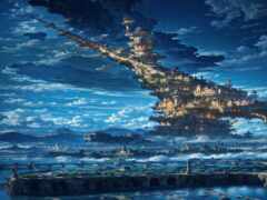 картина замка в небе с горой на заднем плане