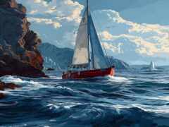 картина парусника в океане возле скалистой скалы