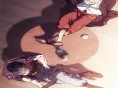 аниме изображение мужчины и женщины, сидящих на столе