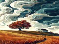 картина одинокого дерева в поле с домом на заднем плане