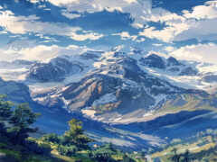 картина горного хребта с несколькими деревьями и несколькими облаками