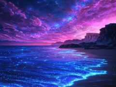 фиолетовое и голубое небо над пляжем с горой на заднем плане