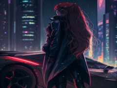 женщина с длинными рыжими волосами, стоящая перед автомобилем