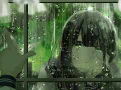 девушка из аниме смотрит в окно с каплями дождя на лице