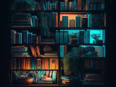 есть книжная полка с книгами и растениями на ней