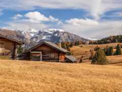 есть две деревянные каюты в поле с горами на заднем плане