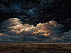 ночное небо с облаками и звездами над полем