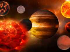 планеты и солнце в космическом пространстве со звездой на заднем плане