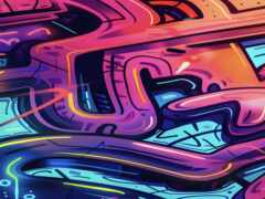 граффити-арт розового автомобиля с неоновым желтым светом