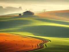 вид на ферму в холмистом районе с домом