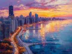 картина городского горизонта с рекой и мостом