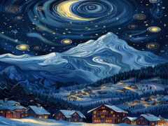 звёздная ночь в горах с горной деревней и полной луной