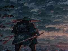 человек в костюме самурая с мечом, стоящим перед деревом