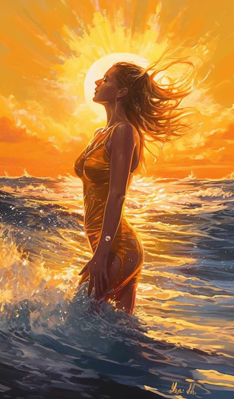 girl, drawing, sunset, sea