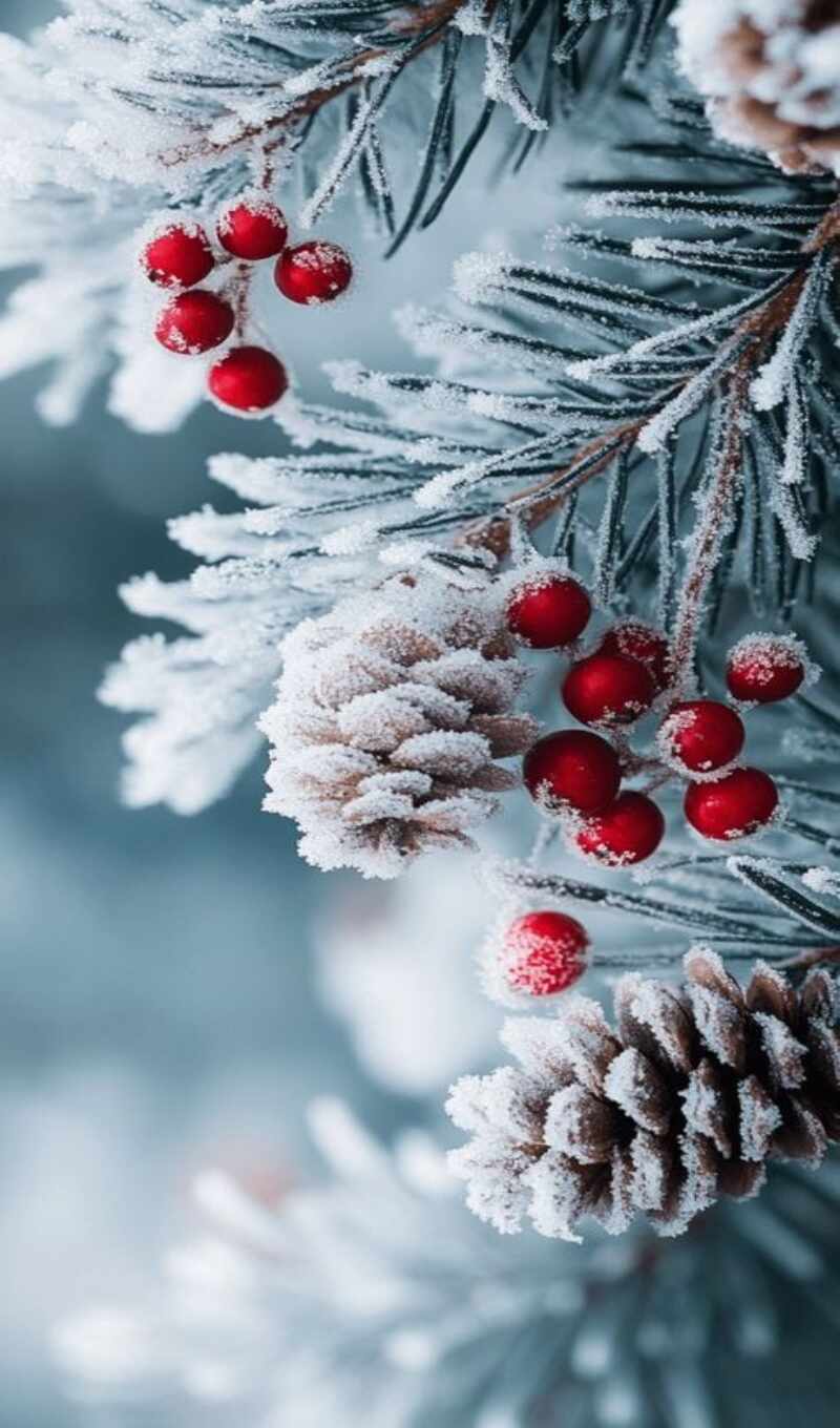 red, иней, branch, pine, berries