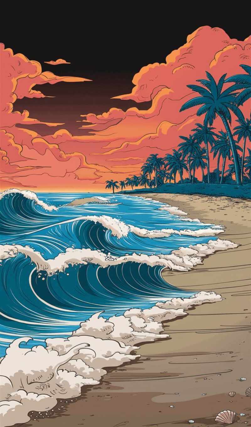 art, sunset, beach, ocean, wave, palm, premium, illustration, ah, stable, generate