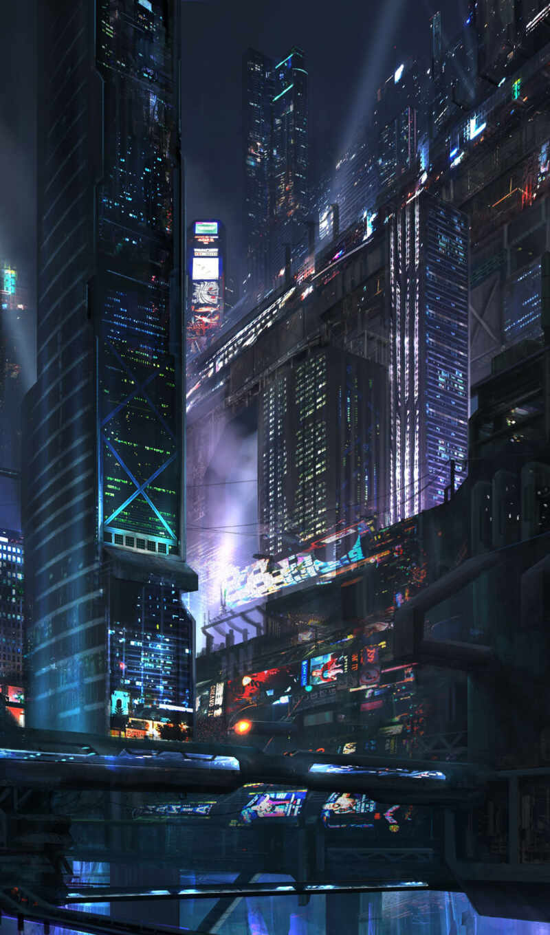 mobile, phone, night, city, cyberpunk, futuristic, idea