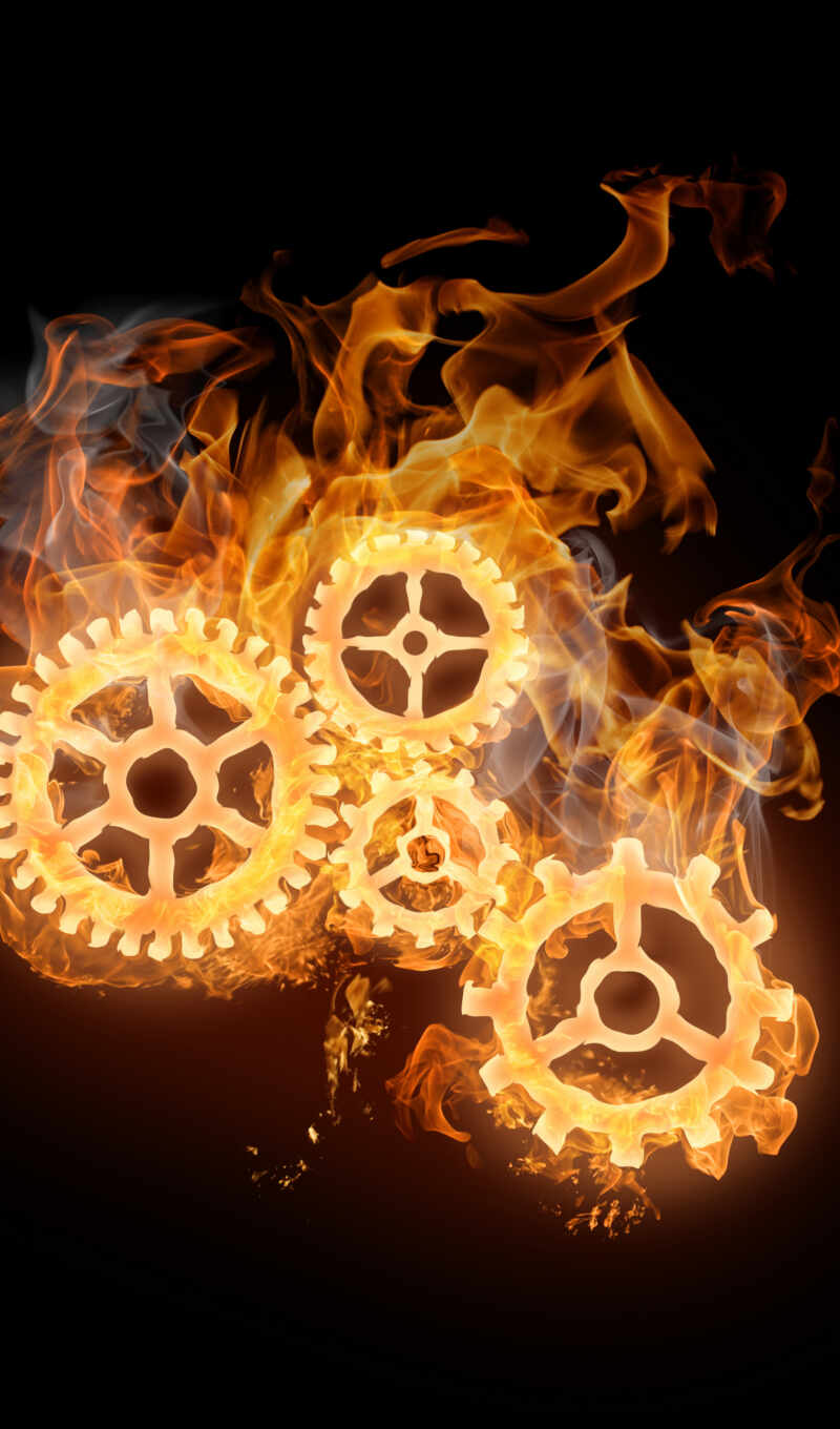 mechanism, fire, flames, gears