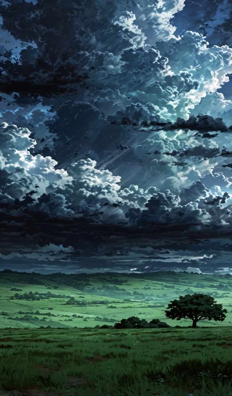 небо, дерево, anime, поле, scenery, пасмурный