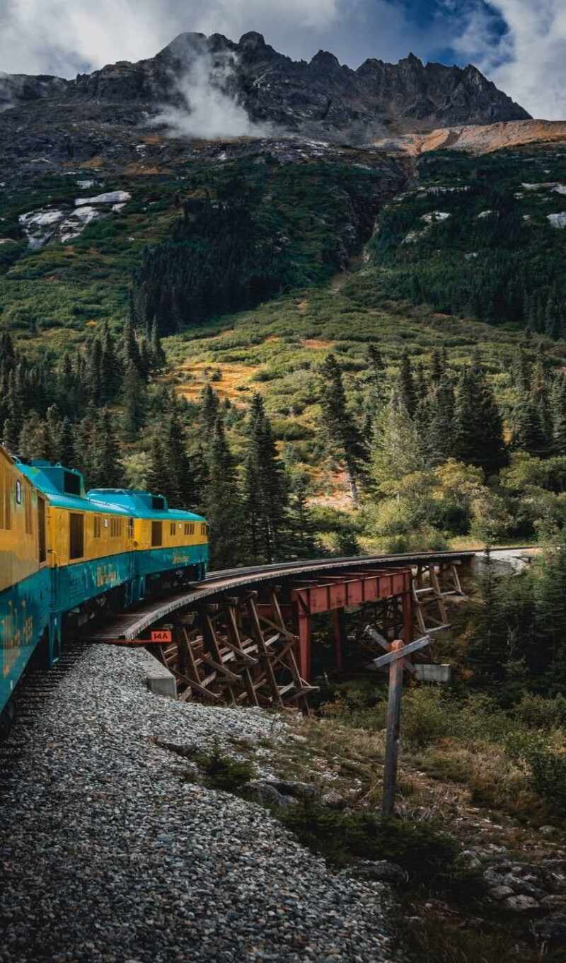 nature, telephone, background, tree, mountain, a train, Bridge, transport, track, rail