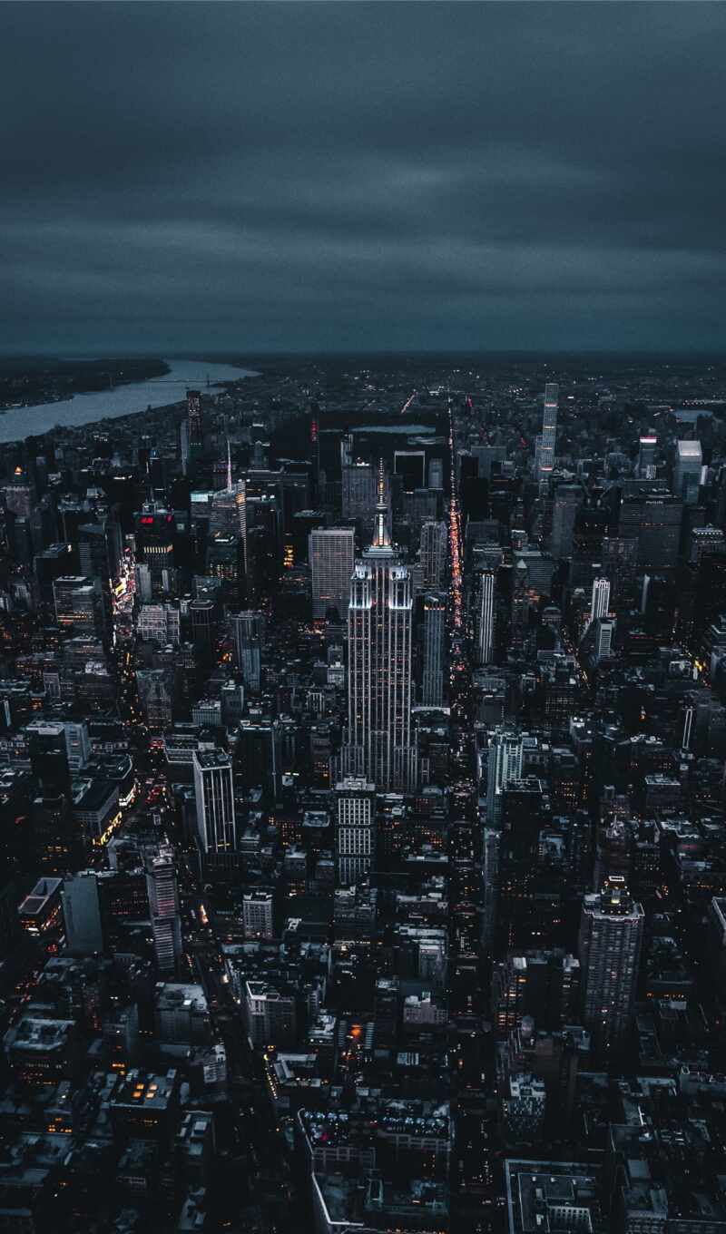 view, new, city, night, dark, aerial, york