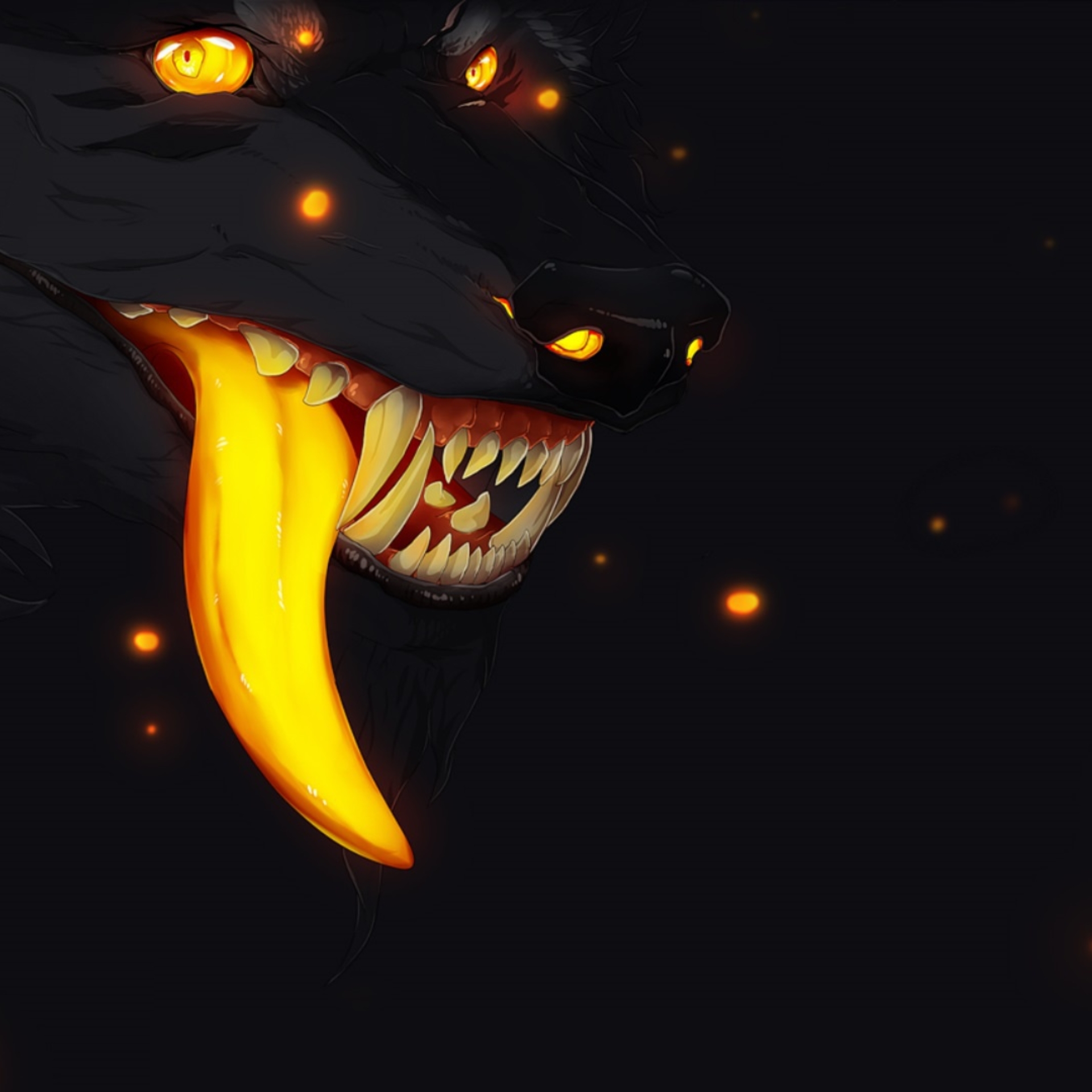Рисунки улыбающихся тварей. Глаза волка в темноте. Огненный волк с открытой пастью. Волк с желтыми глазами.
